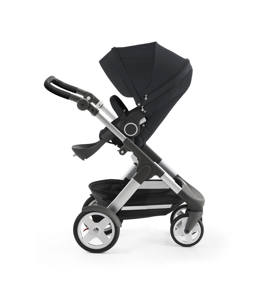 Stokke&reg; Trailz&trade; with silver chassis and Stokke&reg; Stroller Seat, Black Melange. Classic Wheels.