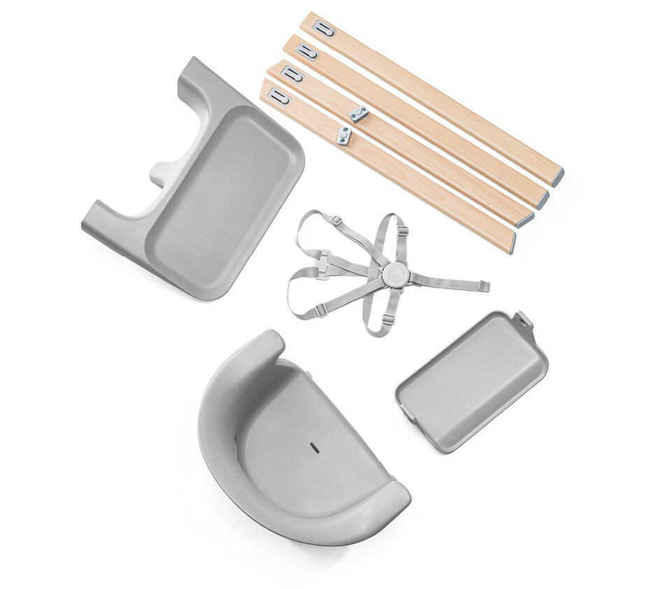 Stokke® Clikk™ High Chair. Natural Beech wood and Clud Grey plastic parts. What's included overview. view 1