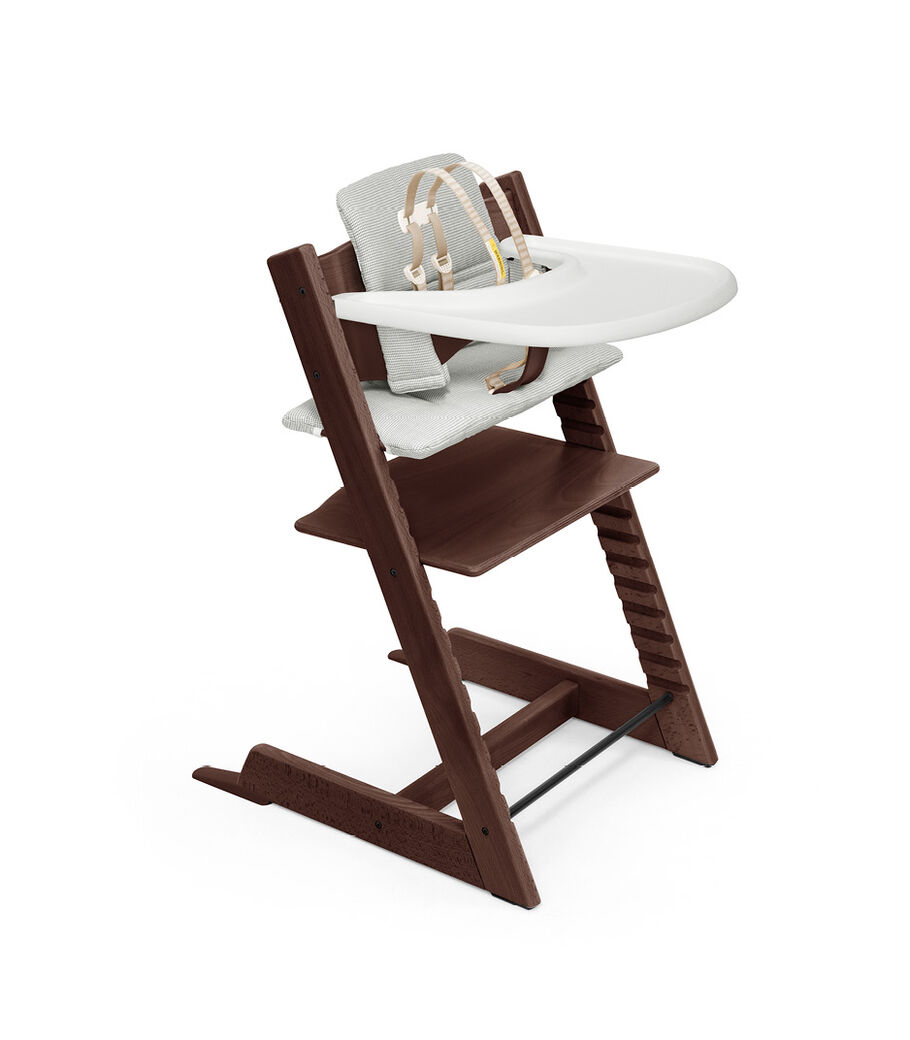 Tripp Trapp® Bundle. Chair Walnut Brown, Baby Set with Tray and Classic Cushion Nordic Grey. US version. view 31