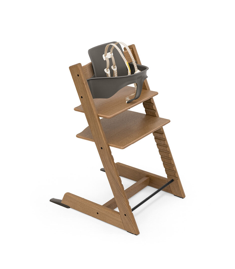 Tripp Trapp® High Chair Oak Brown, with Baby Set Hazy Grey. US version 