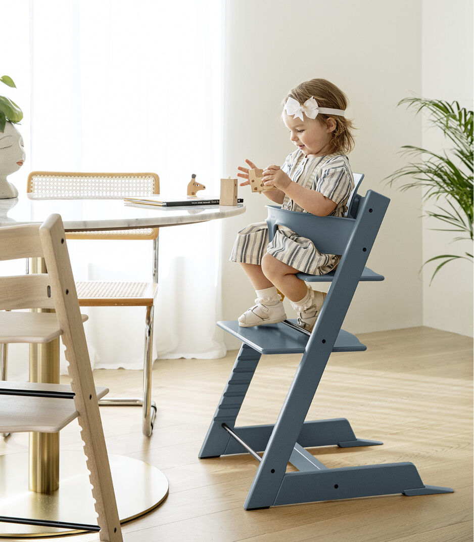 Tripp Trapp® High Chair Fjord Blue. US variant with Baby Set and Harness.