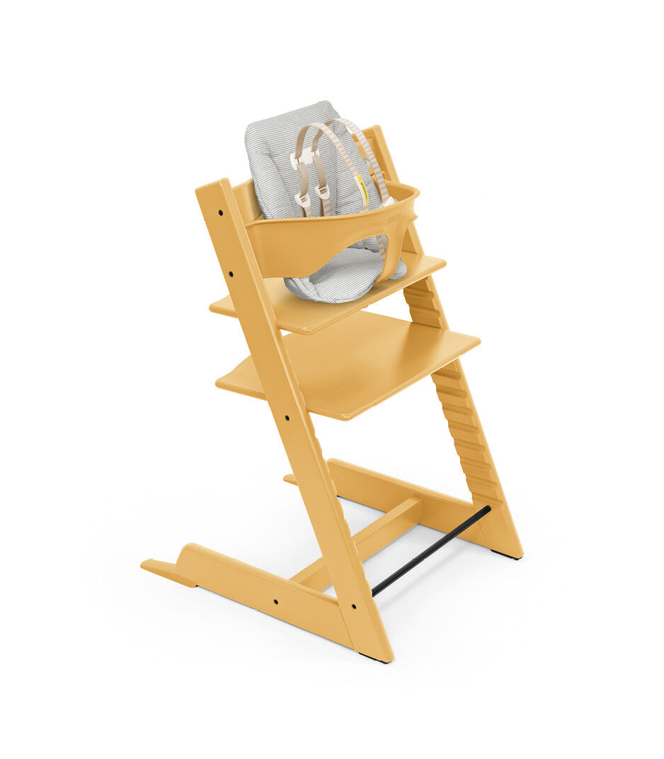 Tripp Trapp® High Chair Sunflower Yellow with Baby Set and Baby Cushion Icon Grey. US version.