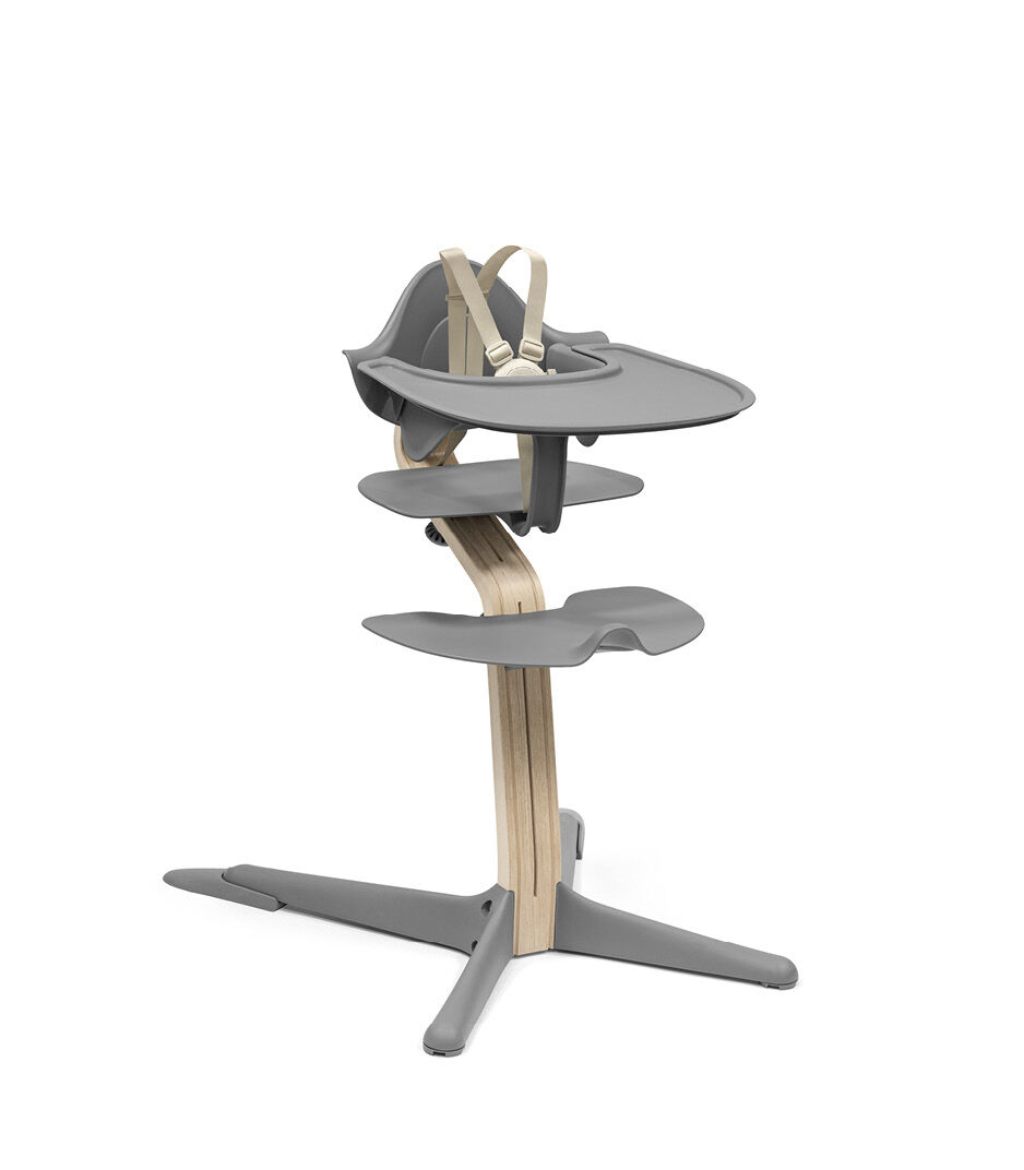 Stokke® Nomi® Chair Natural/Grey with Baby Set and Tray. US variant.