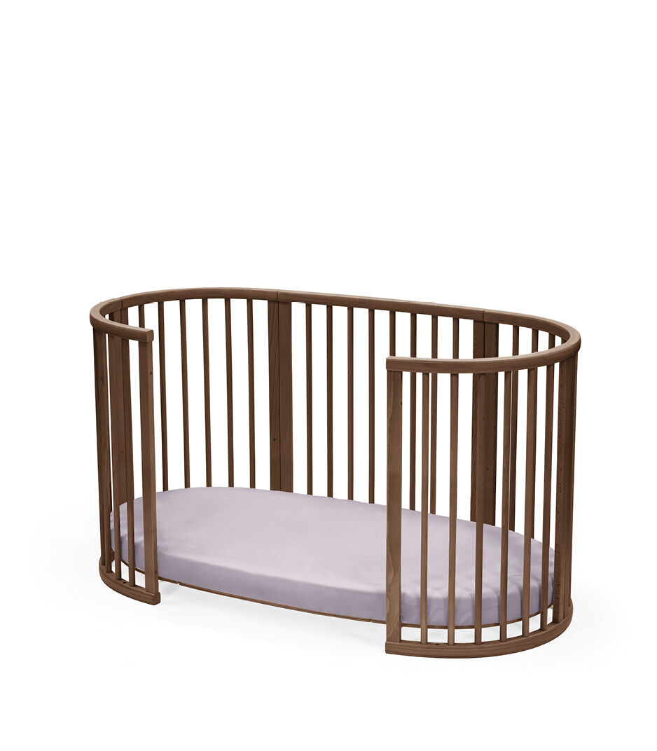 Stokke® Sleepi™ Bed, Warm Brown. Lavender Fitted Sheet. Open, low. galery image 5