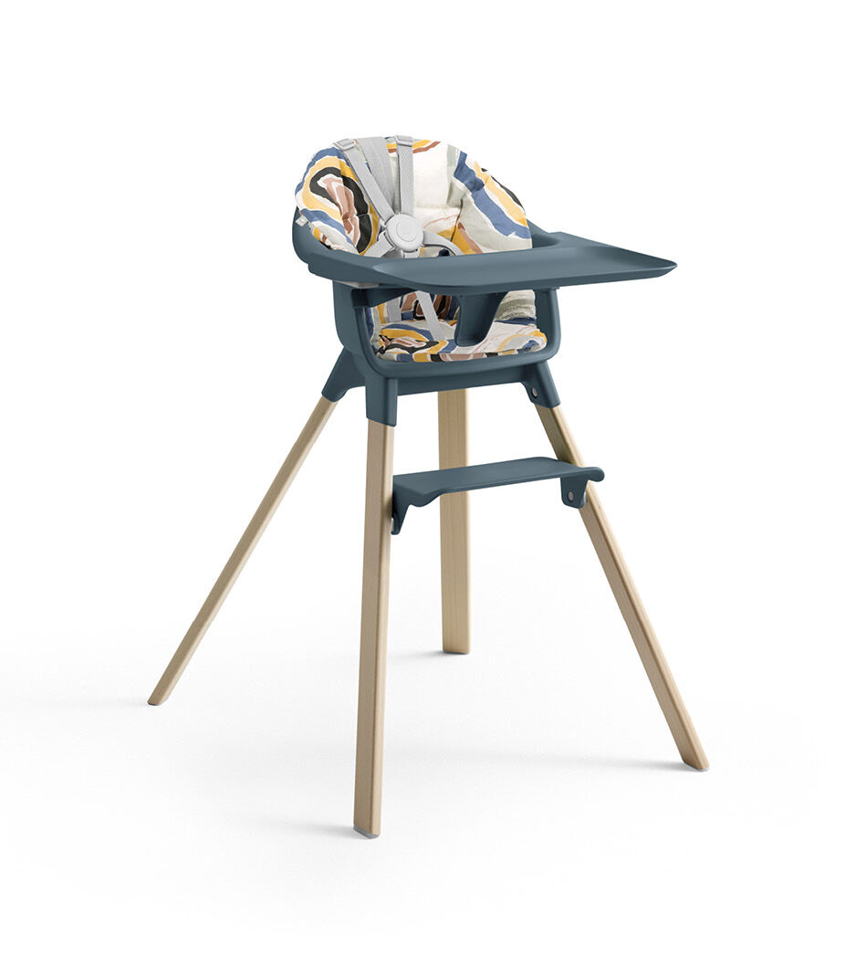 Stokke® Clikk™ High Chair with Tray and Harness, in Natural and Fjord Blue. Cushion Multi Circle. galery image 4