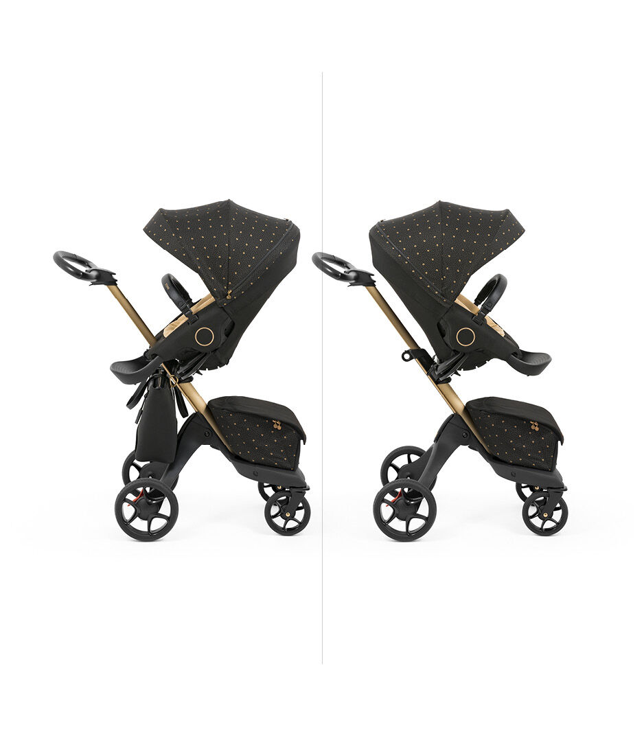 Stokke® Xplory® X Signature, Seat on chassis, Parent facing + forward facing, Silhouette view.