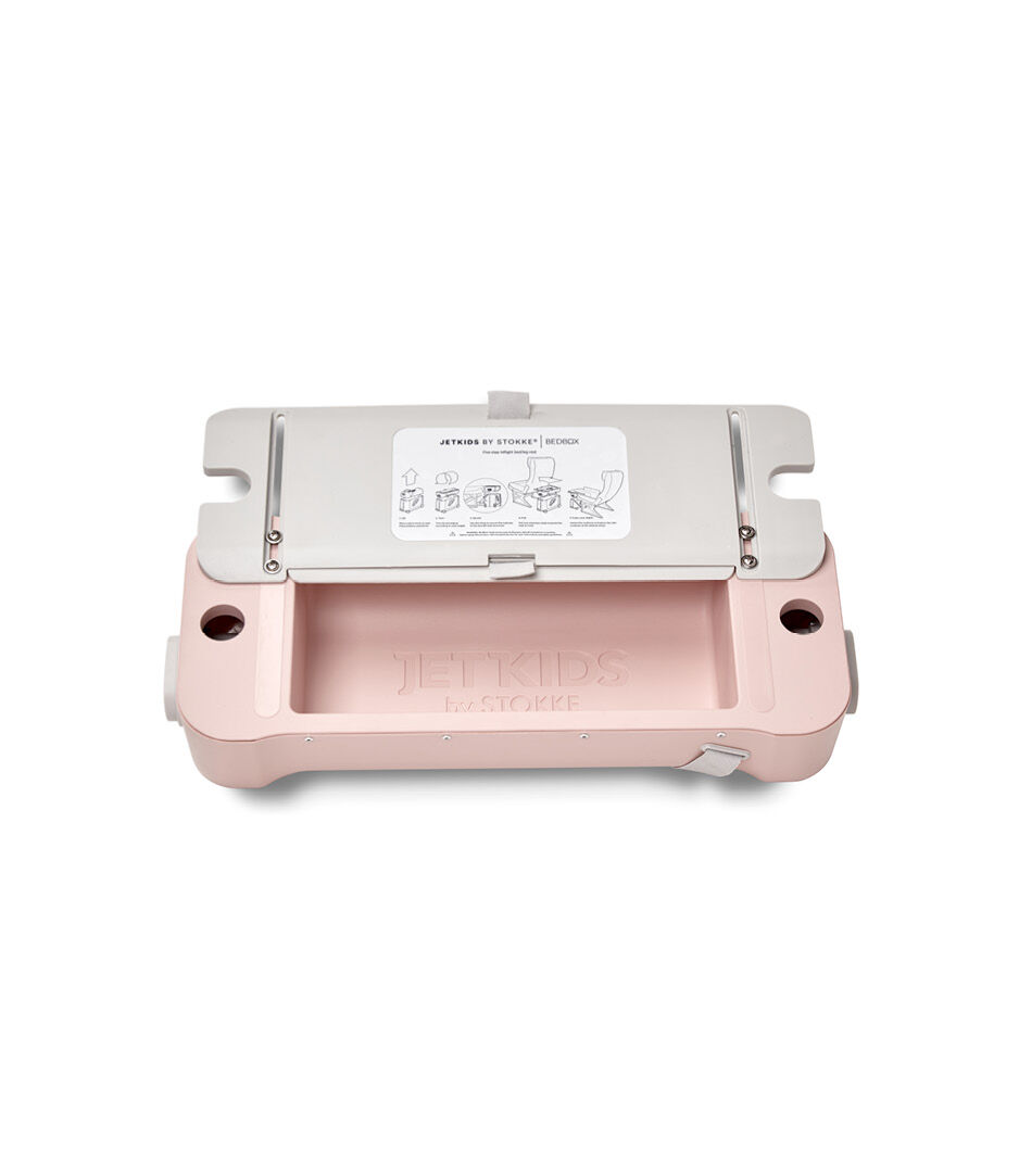 JetKids by Stokke® RideBox Blue Sky. Lid with extendable plate, open.