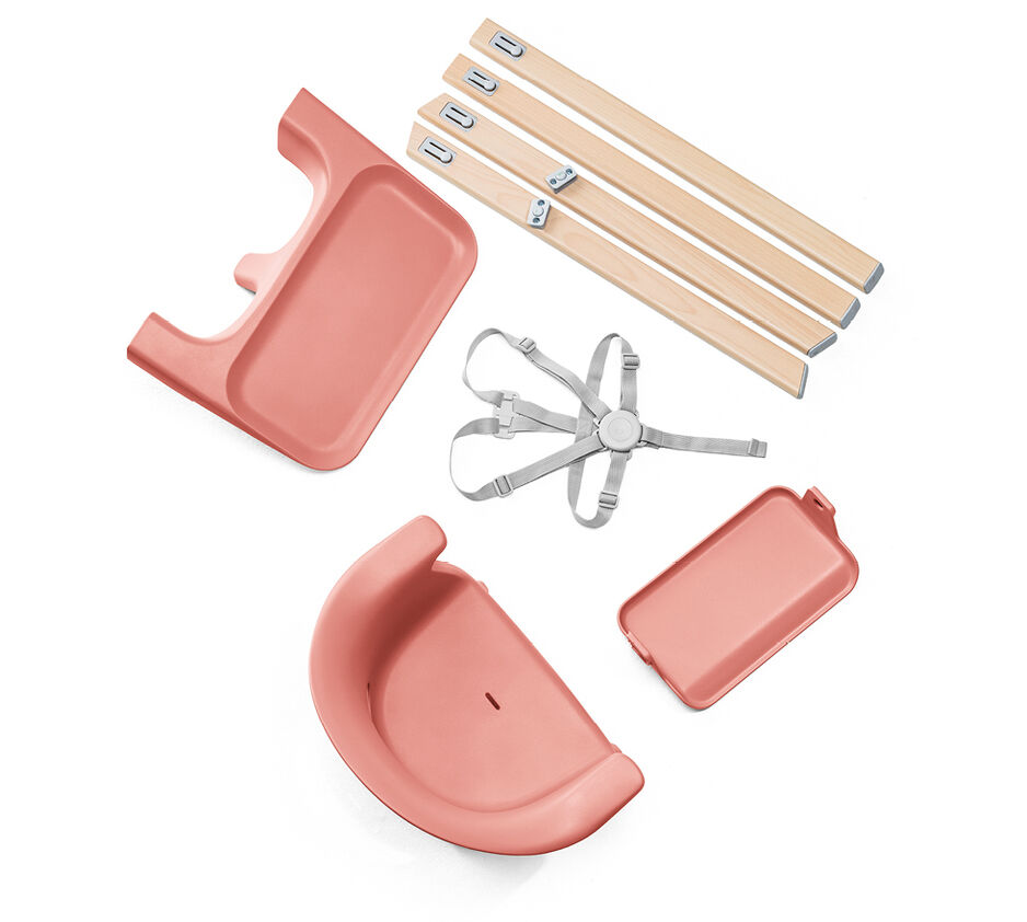 Stokke® Clikk™ High Chair. Natural Beech wood and Sunny Coral plastic parts. What's included overview.