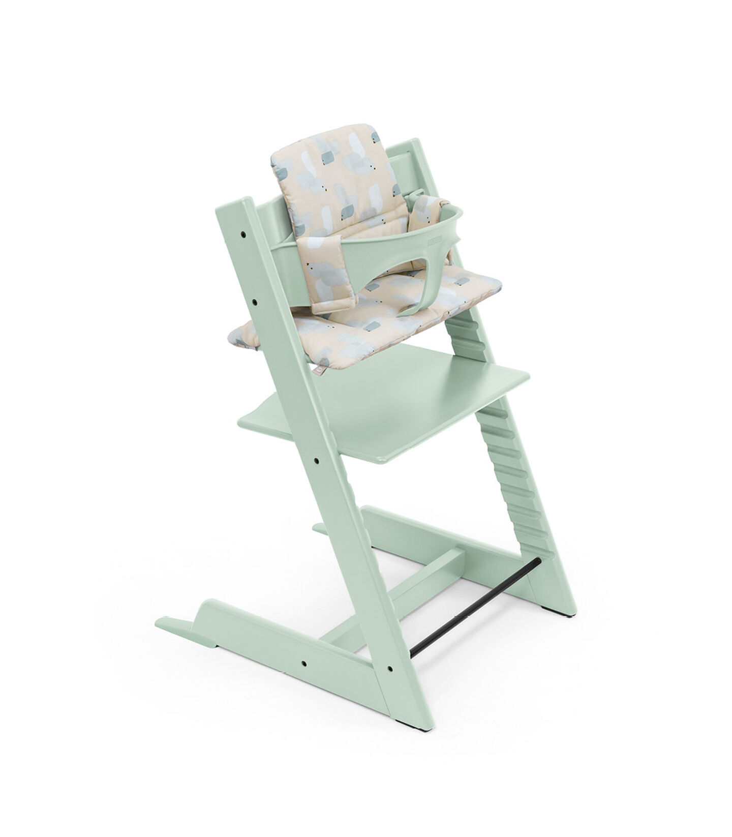 Tripp Trapp® High Chair (Beech Wood) Soft Mint, with Baby Set and Classic Cushion Birds Blue. view 5