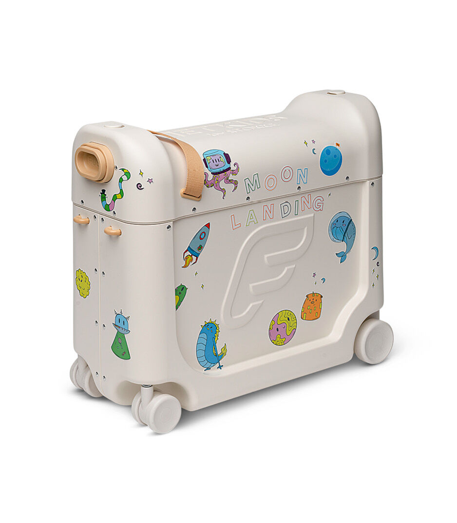 JetKids™ by Stokke® BedBox V3 in Full Moon White Decorated with Stickers.