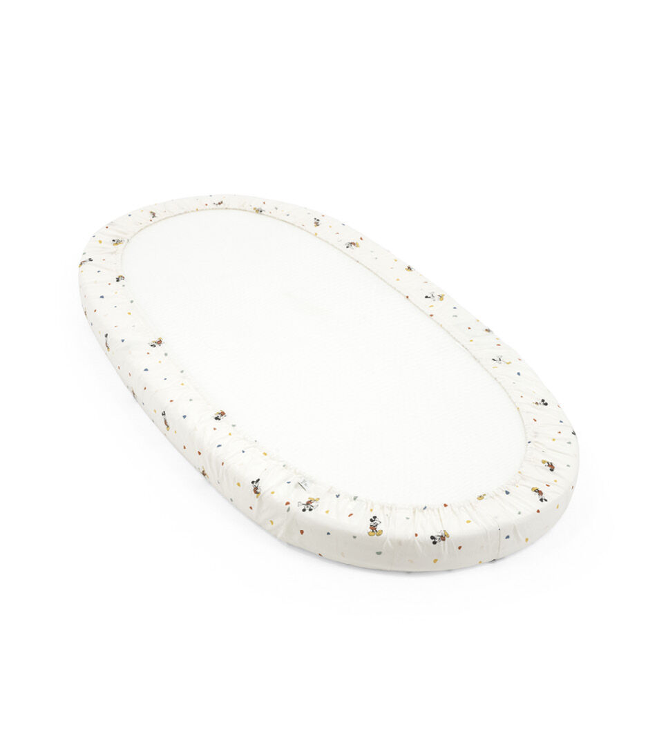 Stokke® Sleepi® Bed Mattress. Fitted Sheet, Disney Mickey Celebration. Detail, bottom side. Limited Edition.