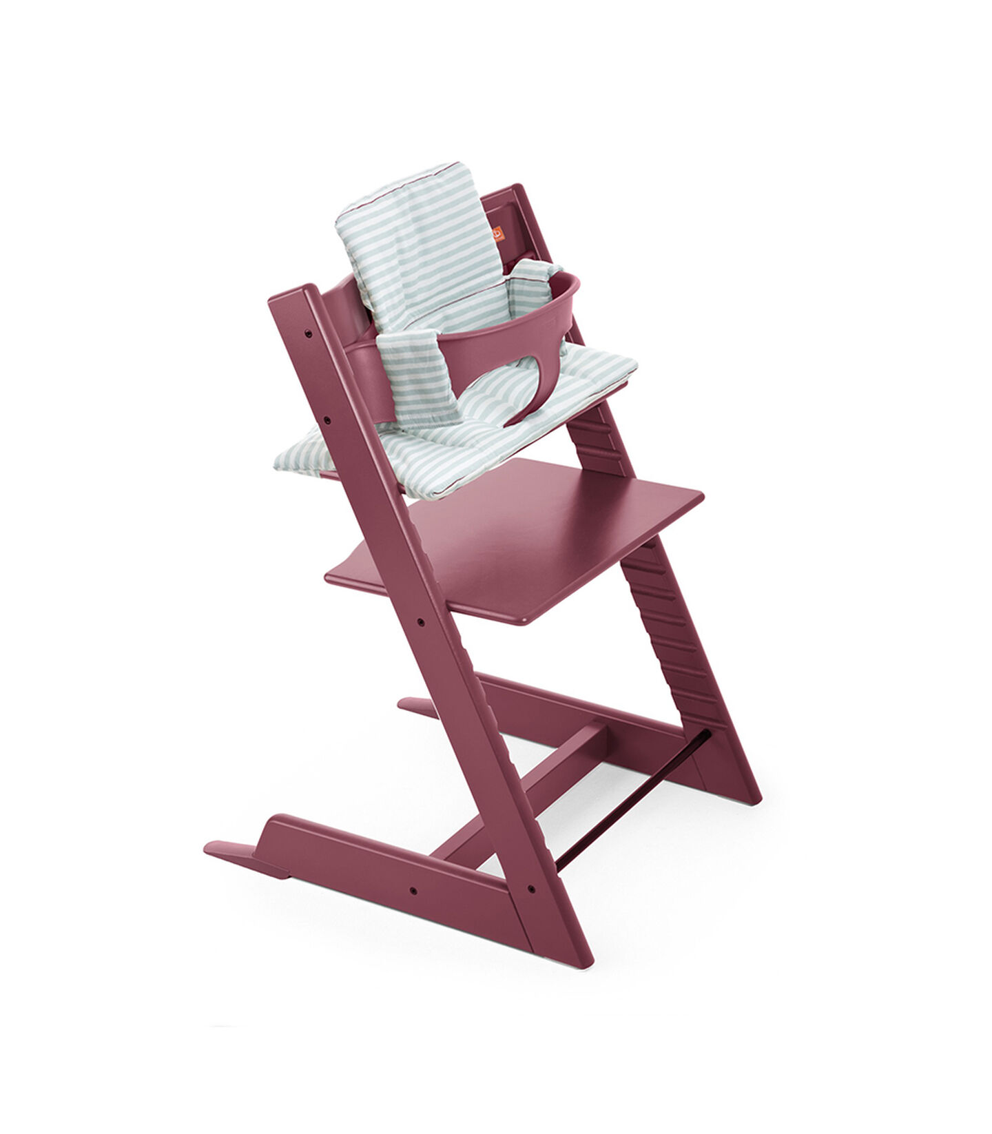 Tripp Trapp&reg; Heather Pink with Baby Set and Aqua Stripes Cushion.