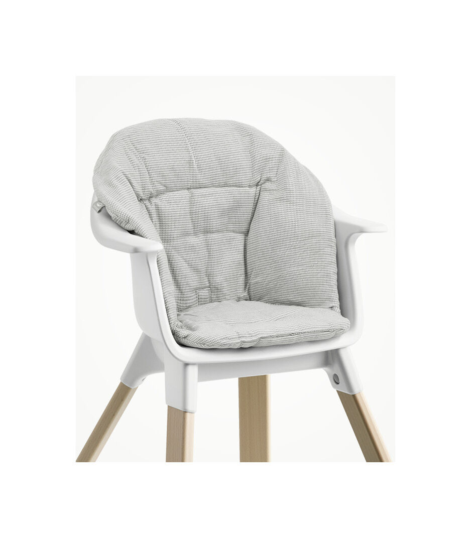 Stokke® Clikk™ High Chair with Tray and Harness, in Natural and White. Cushion Nordic Grey.