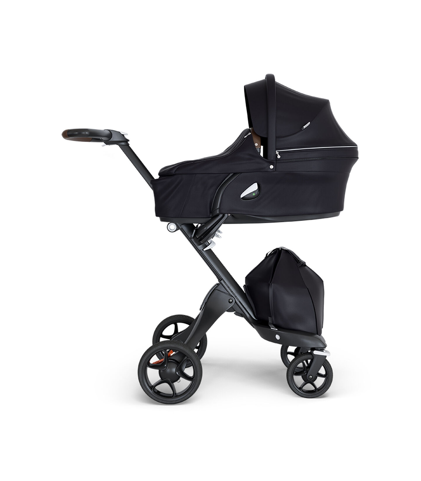 Stokke® Xplory® wtih Black Chassis and Leatherette Brown handle. Stokke® Stroller Carry Cot Black. view 5