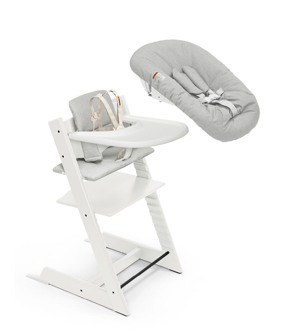 Tripp Trapp® High Chair² White, Nordic Grey Cushion, Newborn Set and Stokke® Tray , White, Nordic Grey Cushion + Newborn, mainview