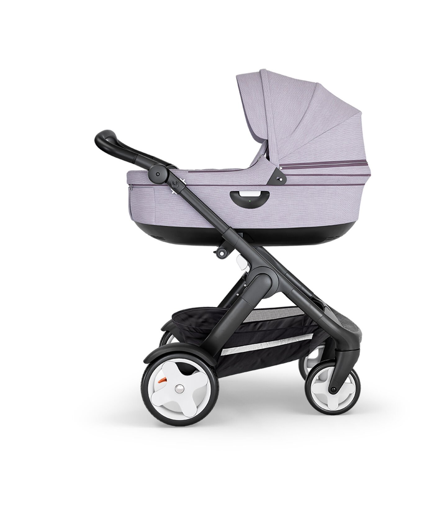 Stokke® Trailz™ with Black Chassis, Black Leatherette and Classic Wheels. Stokke® Stroller Carry Cot, Brushed Lilac. view 2