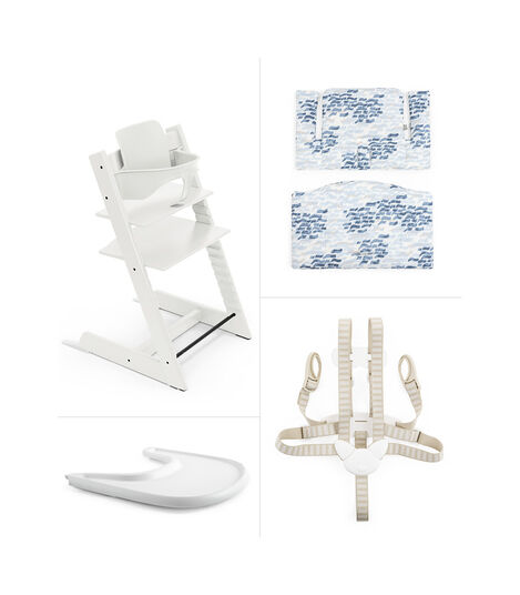Tripp Trapp® Bundle. Chair White, Baby Set, Stokke® Tray and Classic Cushion Waves Blue. US version. view 2