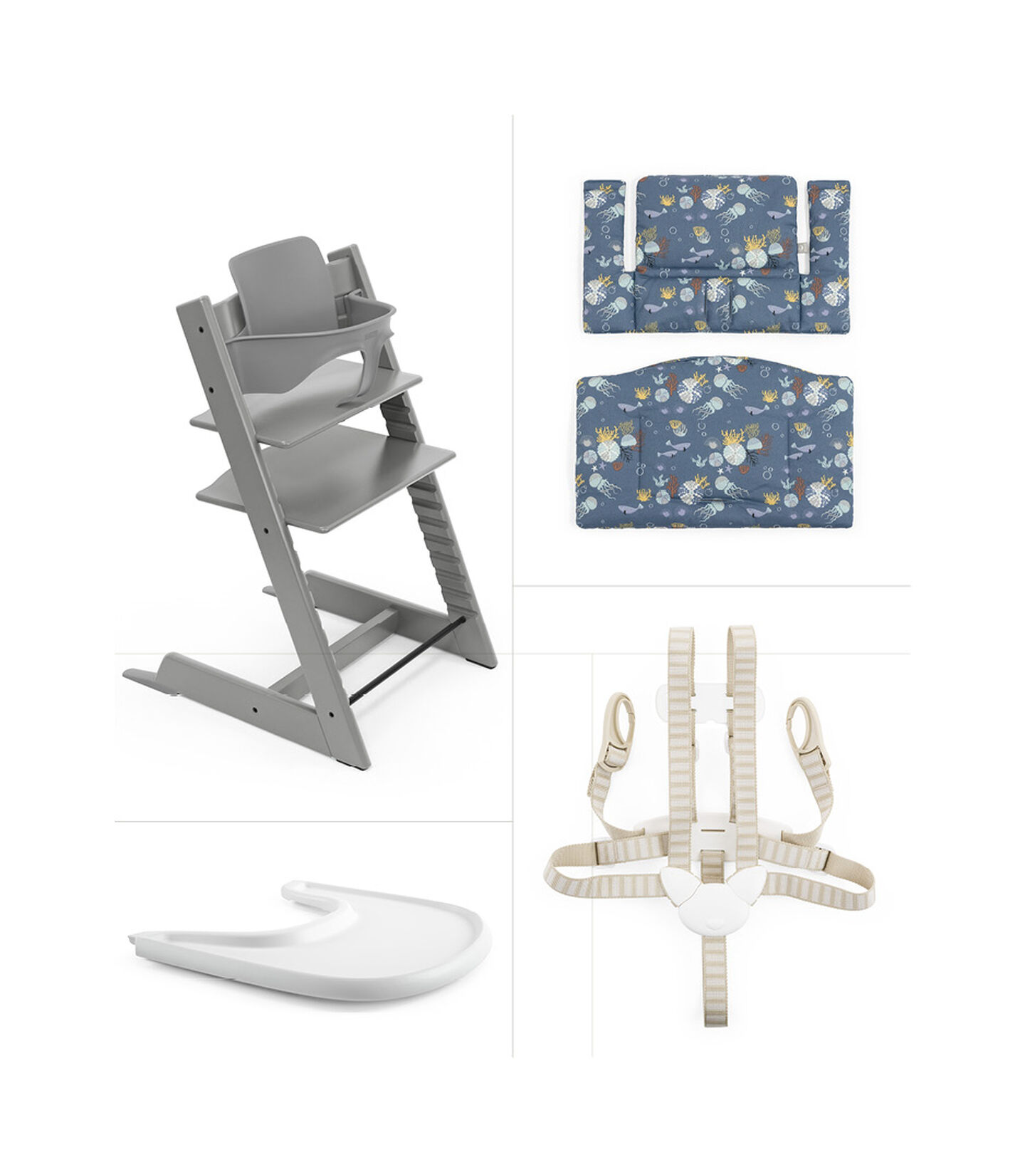Tripp Trapp® Bundle. Chair Storm Grey, Baby Set, Stokke® Tray and Classic Cushion Into The Deep. US version. view 2
