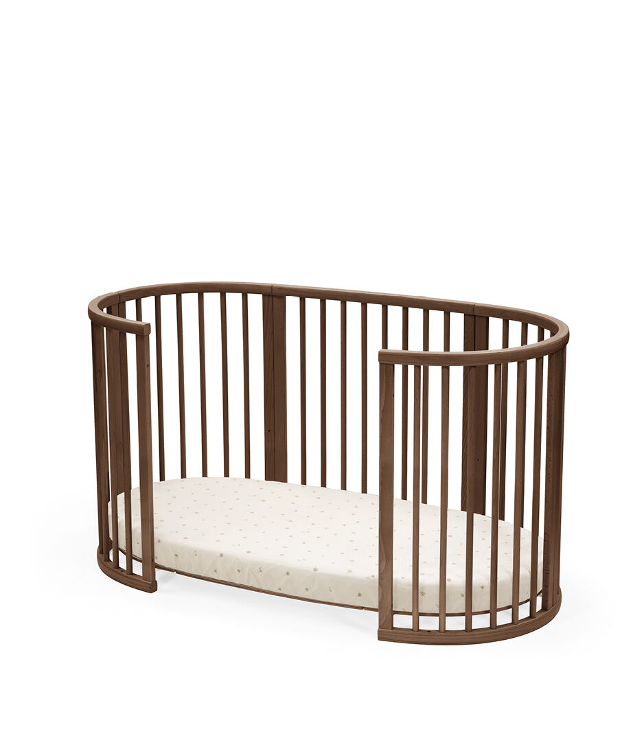 Stokke® Sleepi™ Bed, Warm Brown. Flower Ecru Fitted Sheet. Open, low. galery image 9