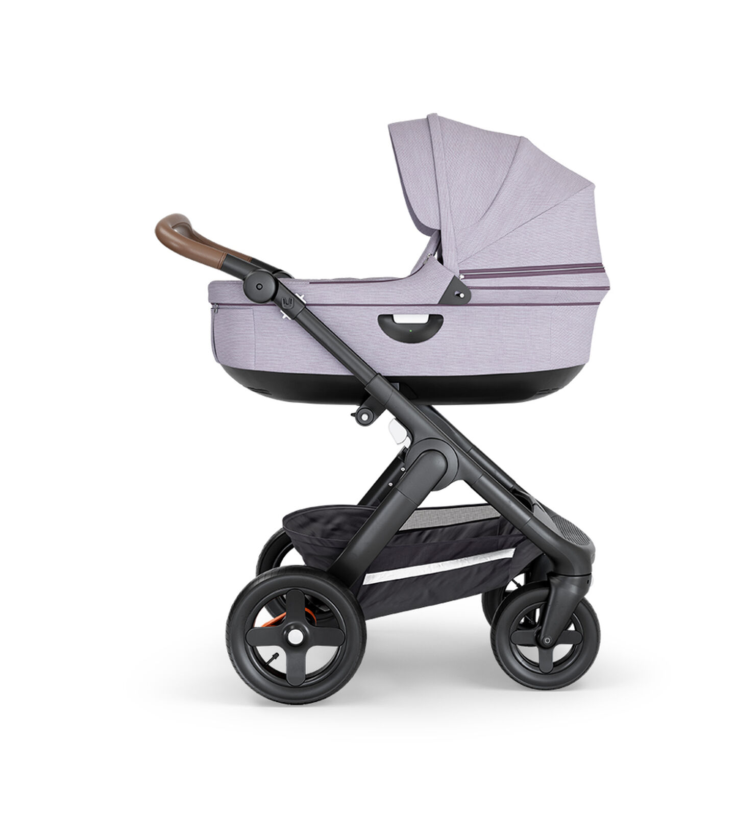 Stokke&reg; Trailz&trade; with Black Chassis, Brown Leatherette and Terrain Wheels. Stokke&reg; Stroller Carry Cot, Brush Lilac.