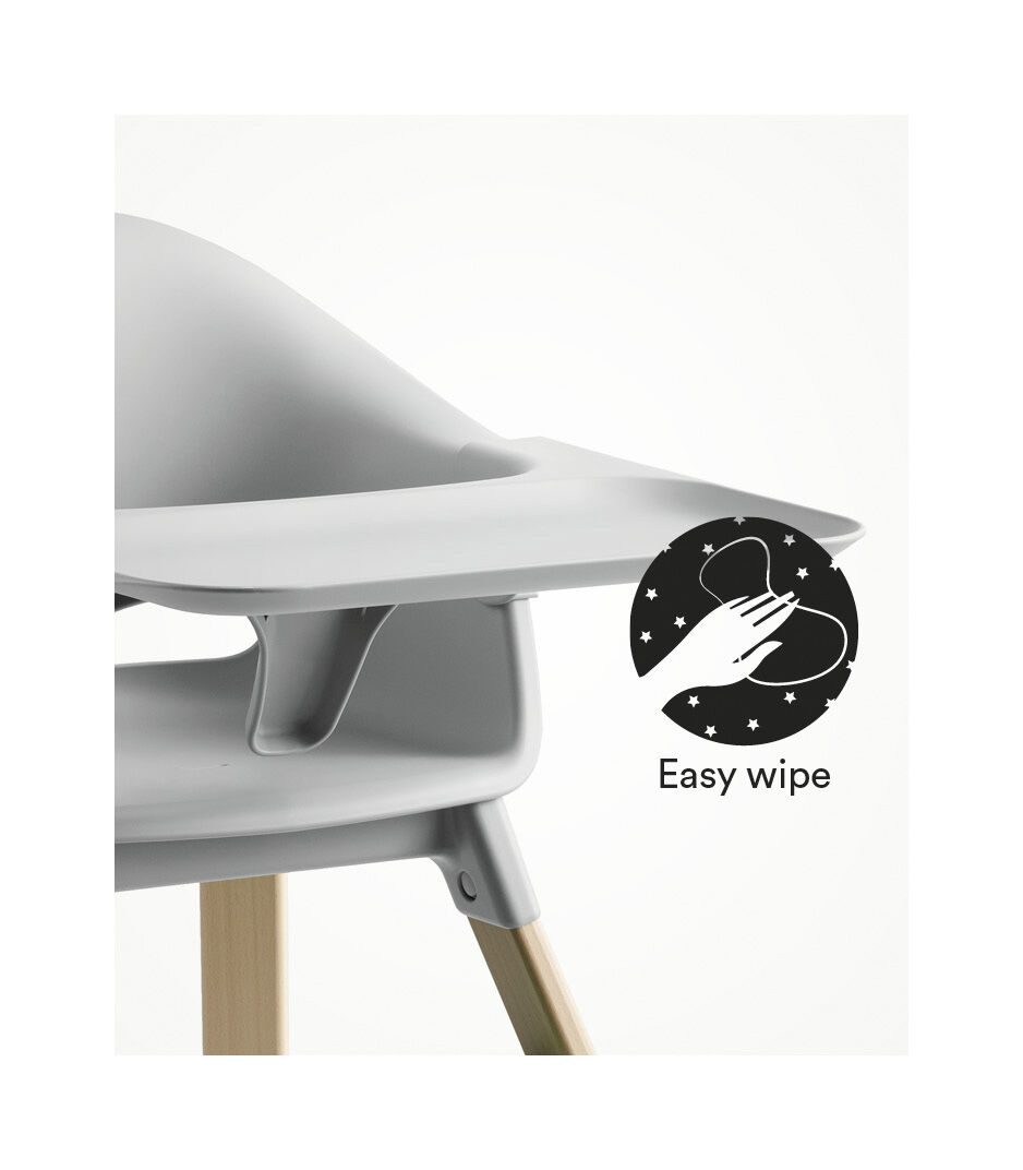 Stokke® Clikk™ High Chair with Tray, in Natural and Cloud Grey.