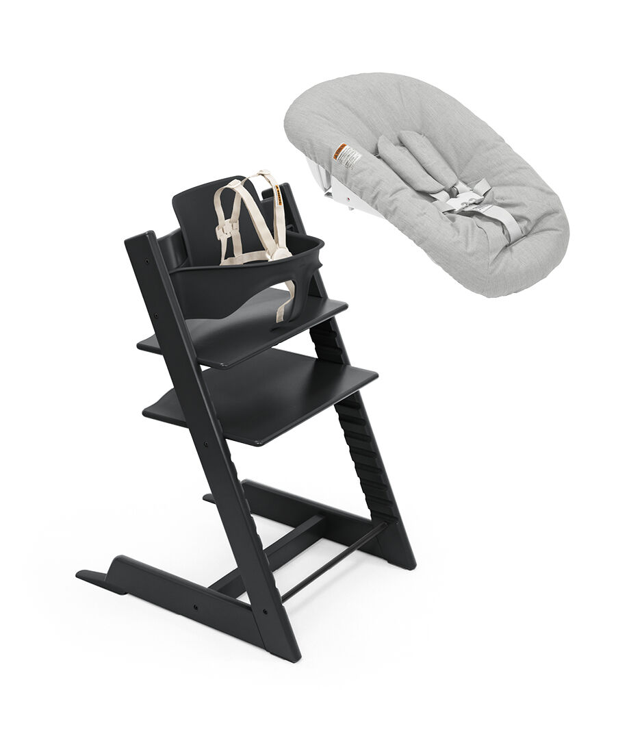Tripp Trapp® High Chair Black. Bundle, with Newborn Set White/Grey.