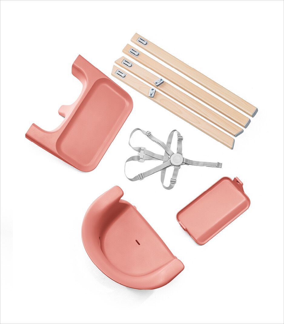 Stokke® Clikk™ High Chair. Natural Beech wood and Sunny Coral plastic parts. What's included overview.