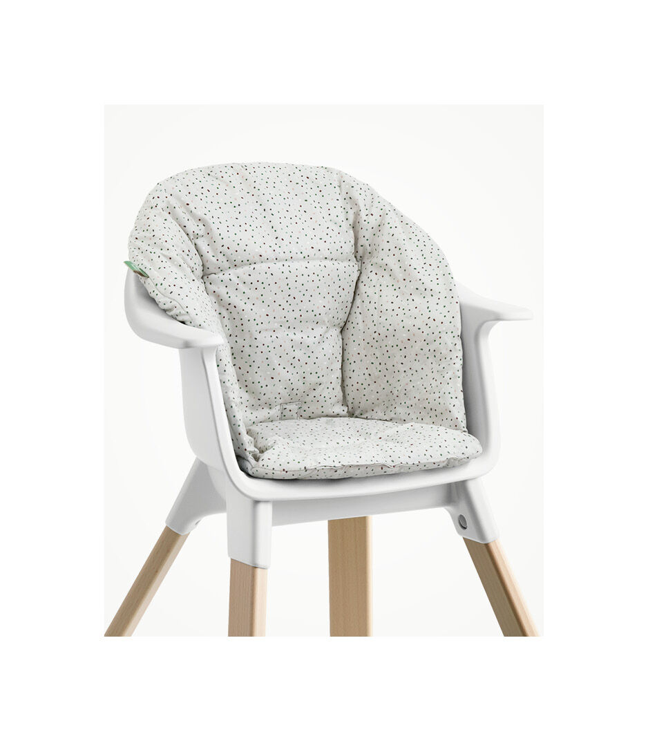 Stokke® Clikk™ High Chair with Tray and Harness, in Natural and White. Cushion Grey Sprinkle. Close-up.