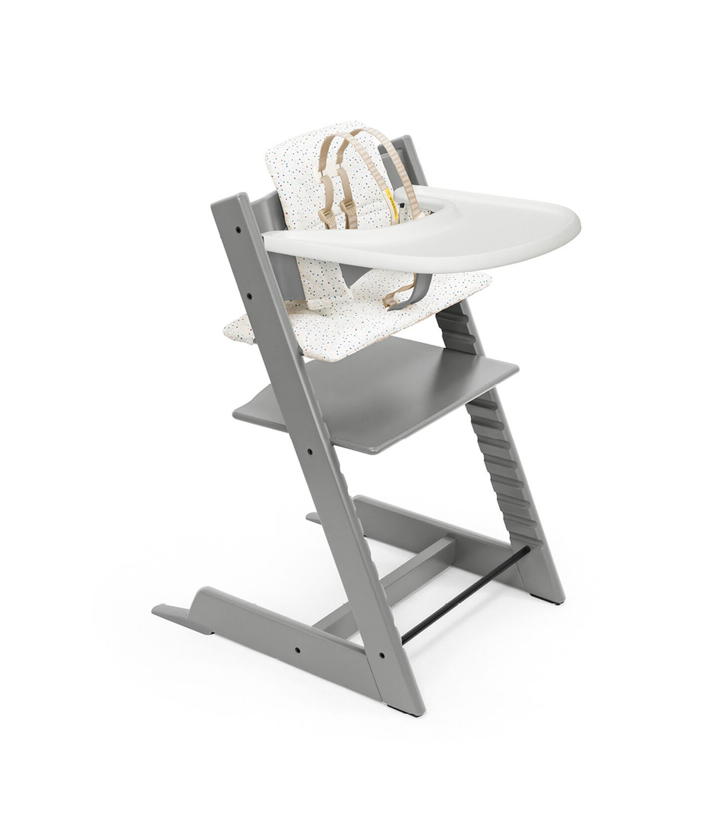 Tripp Trapp® Bundle. Chair Storm Grey, Baby Set with Tray and Classic Cushion Soft Sprinkle. US version. view 2