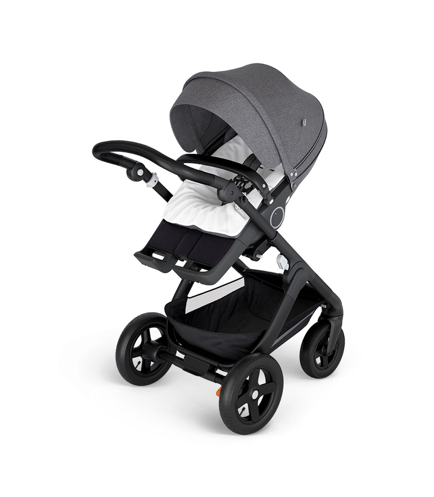 Stokke® Trailz™ with Black Chassis and Stokke® Stroller Seat Black Melange. Stokke® Stroller Terry Cloth Cover. view 2