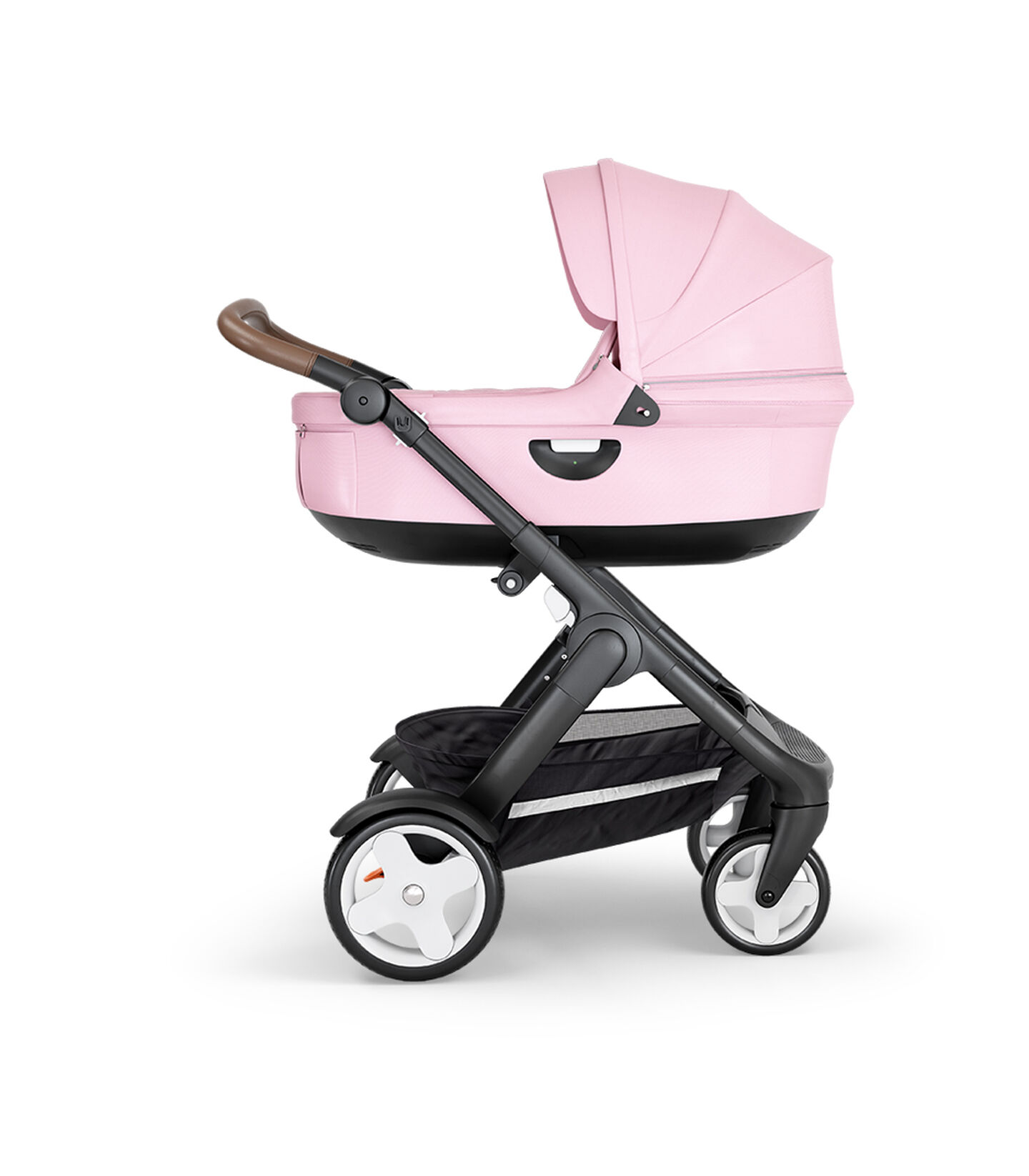 Stokke® Trailz™ with Black Chassis, Brown Leatherette and Classic Wheels. Stokke® Stroller Carry Cot, Lotus Pink. view 2