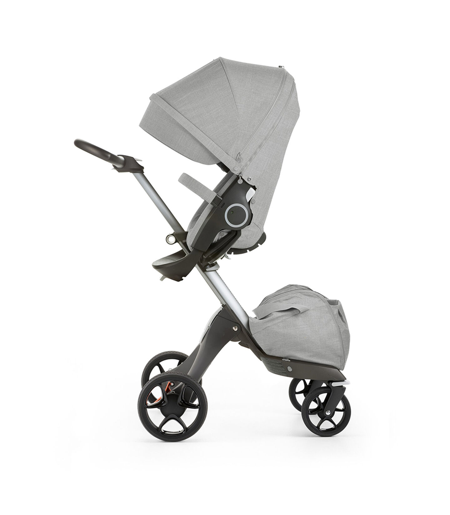 Stokke® Xplory® with Stokke® Stroller Seat, parent facing, active position. Grey Melange. New wheels 2016. view 2