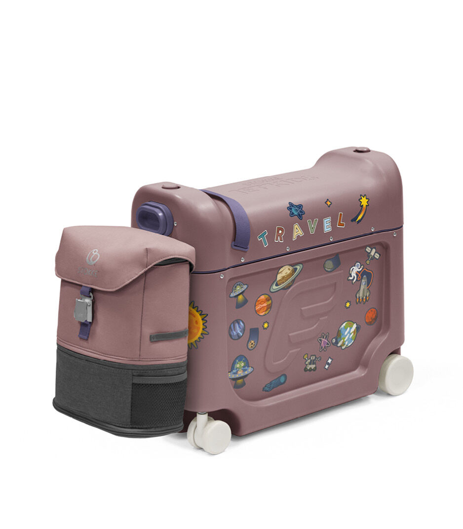 Stokke® JetKids™ BedBox™ V4. Hazy Lilac with Sticker set "Star". With BackPack attached.