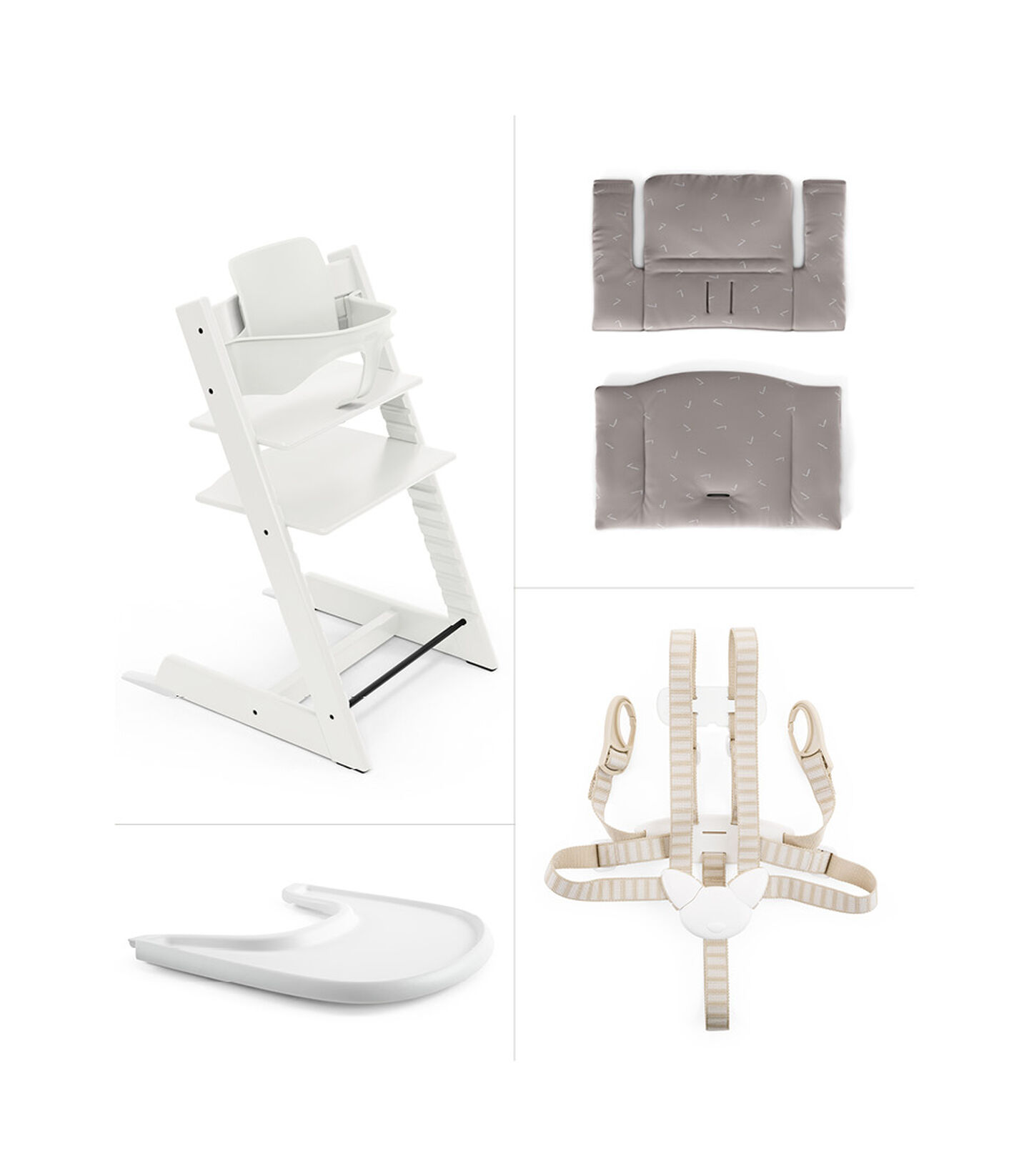 Tripp Trapp® White with Baby Set, Stokke® Tray and Classic Cushion Icon Grey. USA. view 2