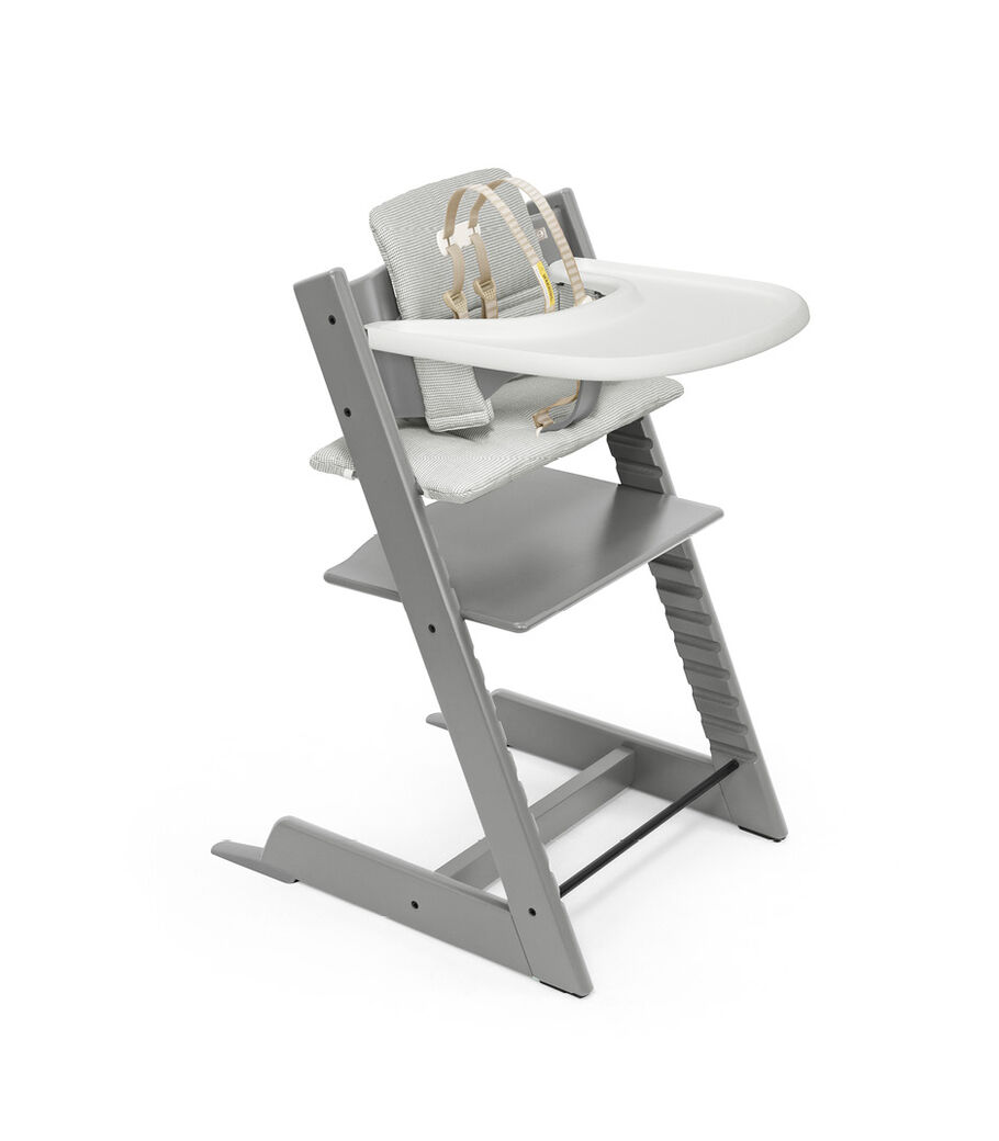 Tripp Trapp® Bundle. Chair Storm Grey, Baby Set with Tray and Classic Cushion Nordic Grey. US version. view 37