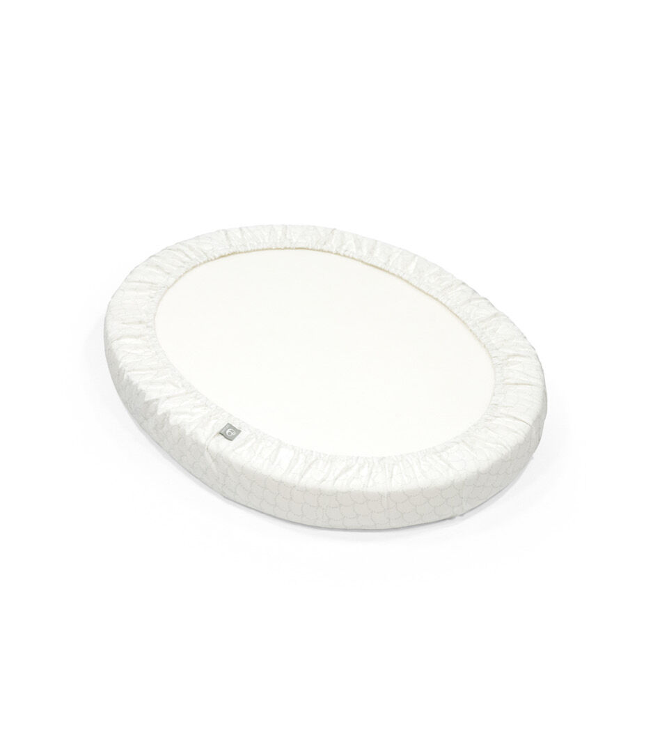 Stokke Sleepi Mini Mattress. With Fitted Sheet, Fans Grey. Bottom side, detail.