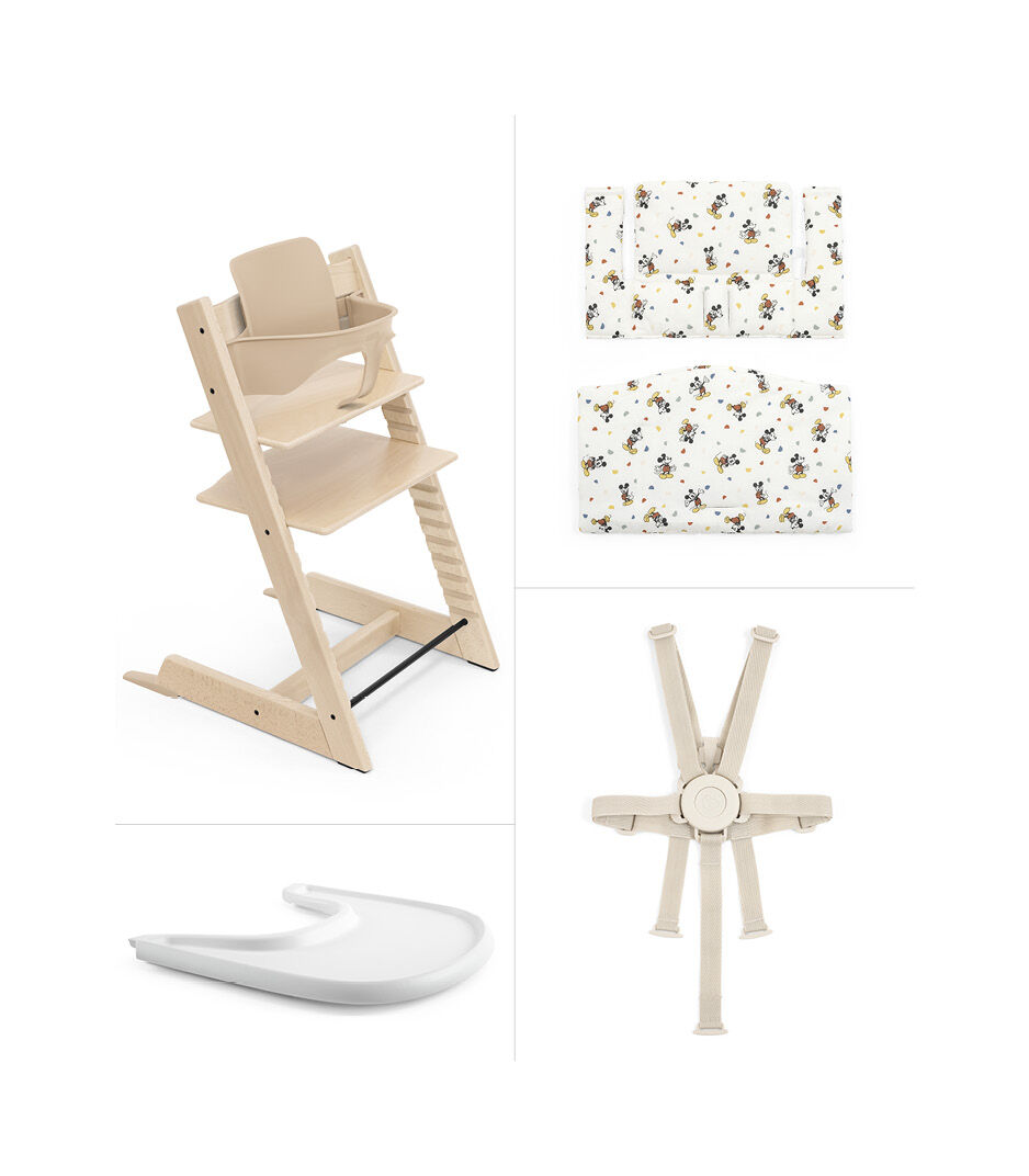 Tripp Trapp® High Chair² Natural, Mickey Celebration Cushion and Stokke® Tray, Natural, Mickey Celebration Cushion+Tray, mainview