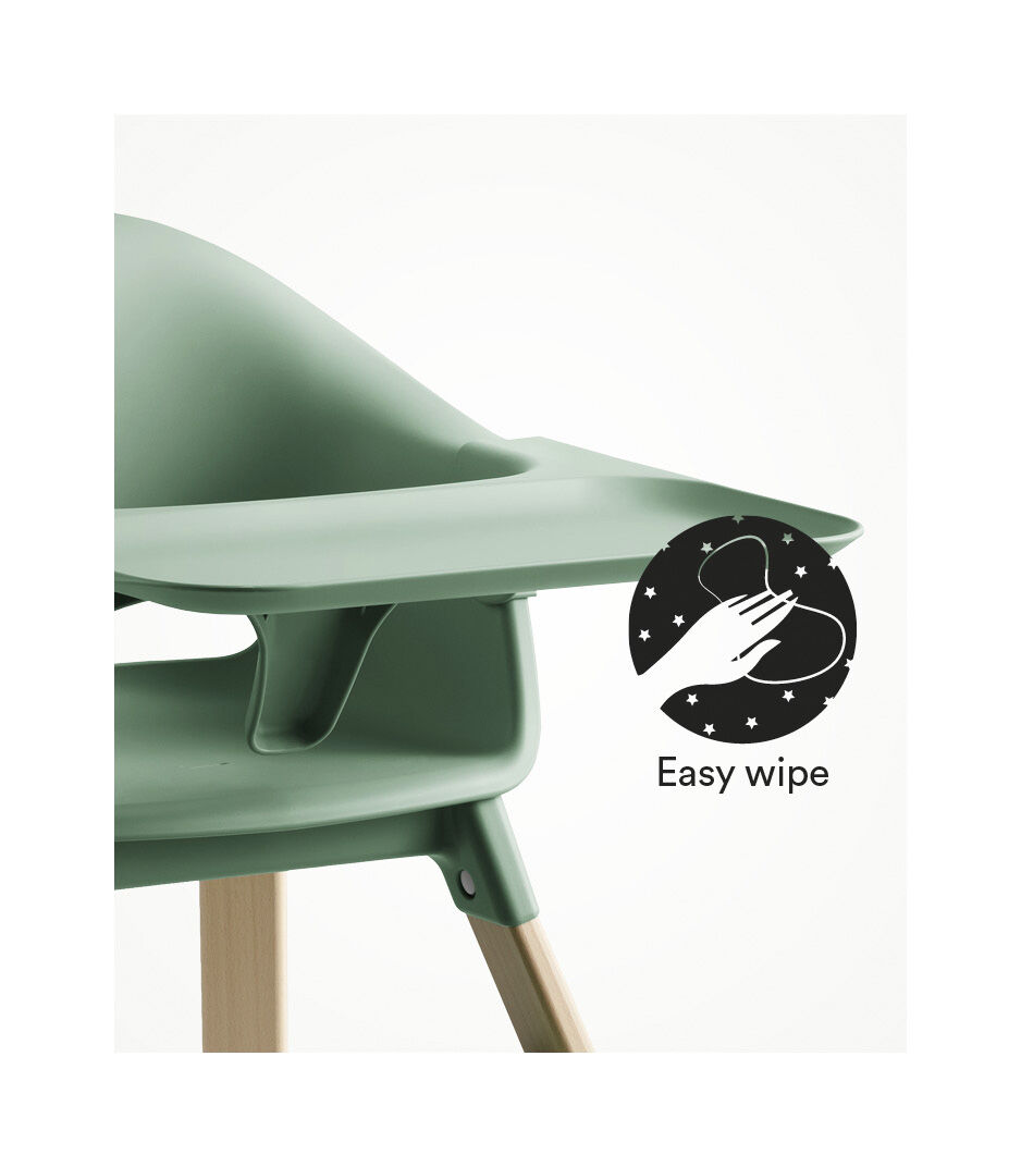 Stokke® Clikk™ High Chair with Tray, in Natural and Clover Green. Easy Wipe.