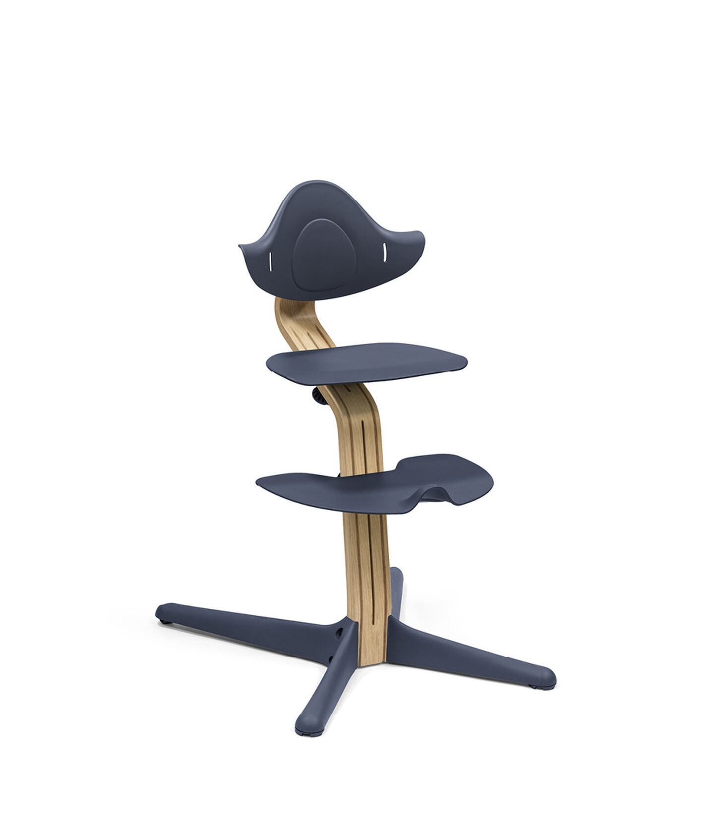 Stokke® Nomi® Chair. Premium Oak wood and Navy plastic parts.  view 1