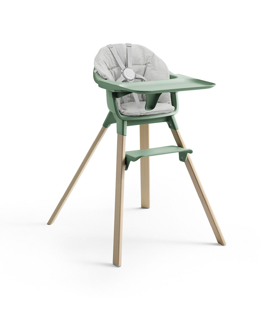 Stokke® Clikk™ High Chair with Tray and Harness, in Natural and Clover Green. Cushion Nordic Grey. galery image 7