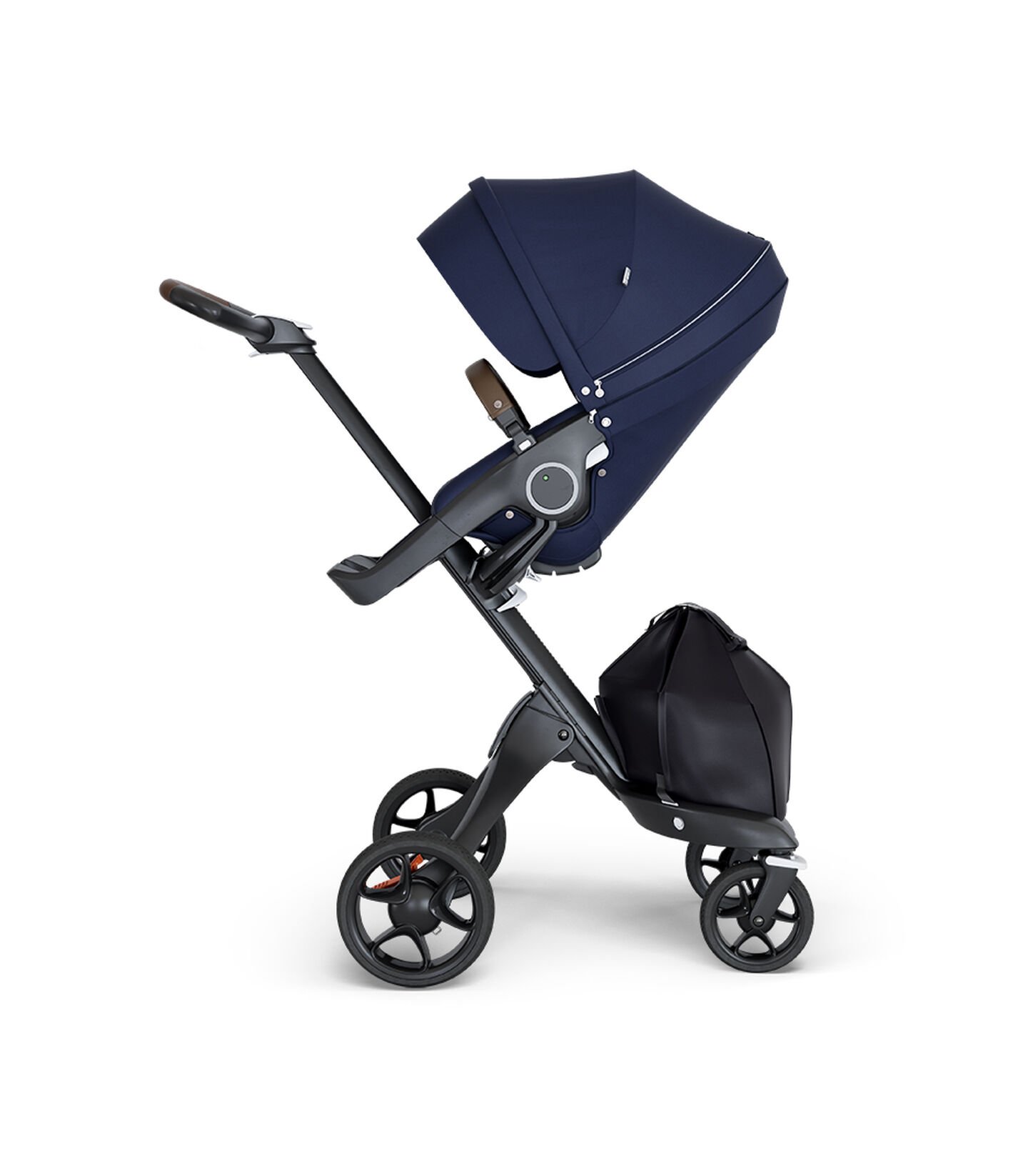 Stokke® Xplory® wtih Black Chassis and Leatherette Brown handle. Stokke® Stroller Seat Deep Blue. view 2