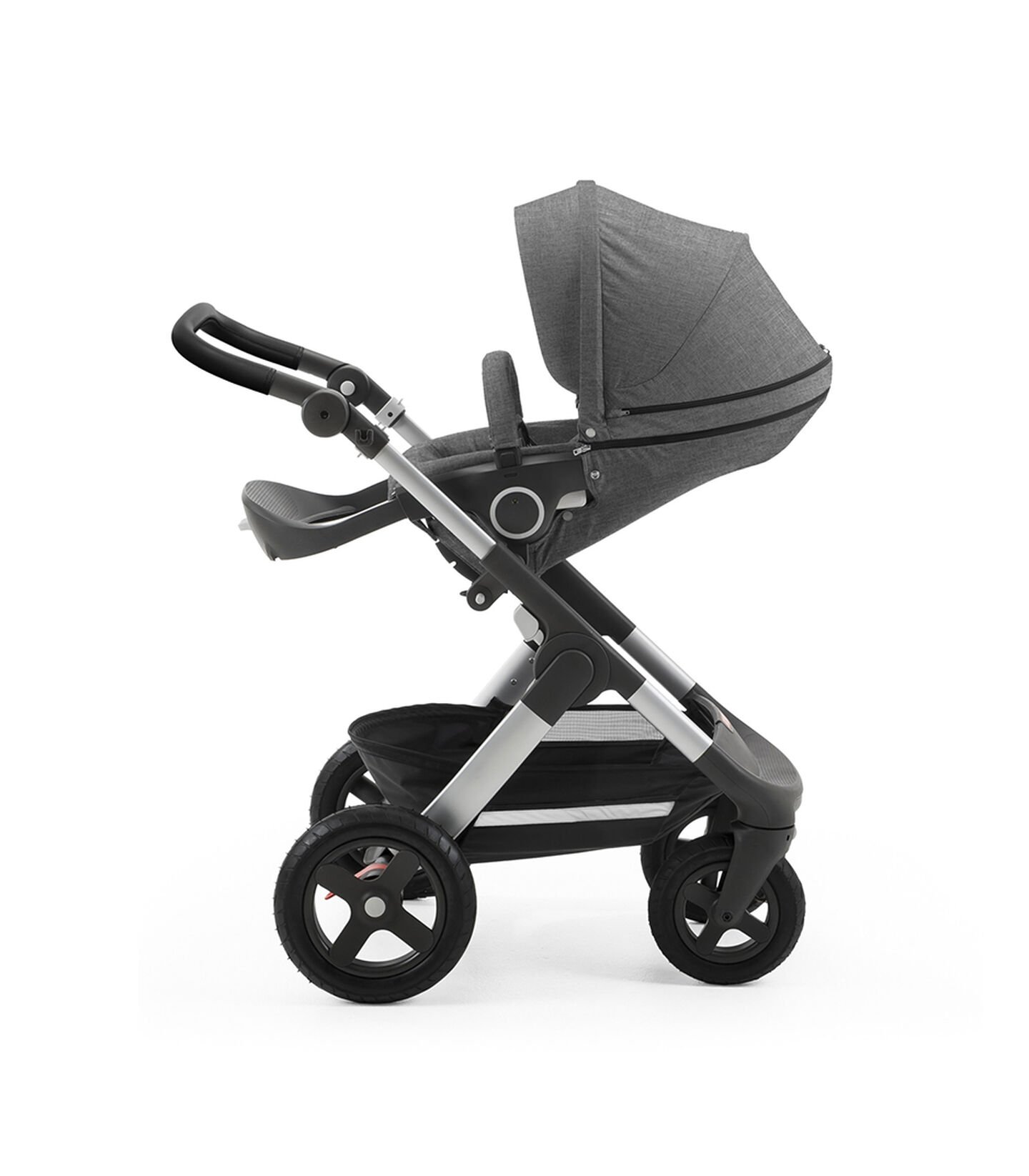 Stokke® Trailz with silver chassis and Stokke® Stroller Seat, parent facing, sleep position. Black Melange. Terrain wheels. Leatherette Handle. view 3