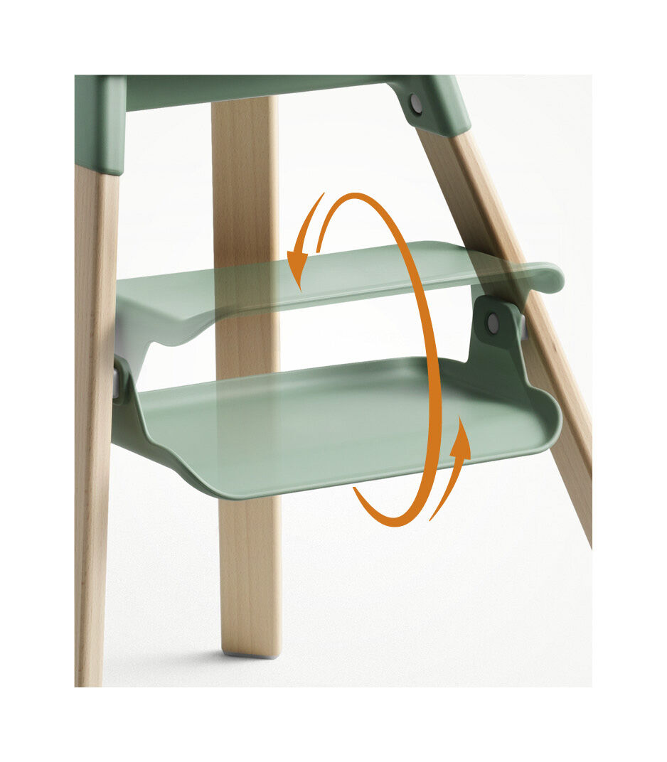 Stokke® Clikk™ High Chair Natural and Clover Green. Detail, Footrest rotation.