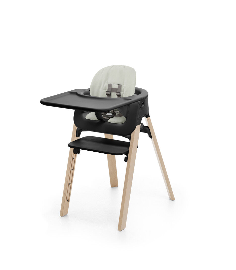 Stokke® Steps™ High Chair Natural with Black Baby Set and Tray. Cushion Soft Sage.