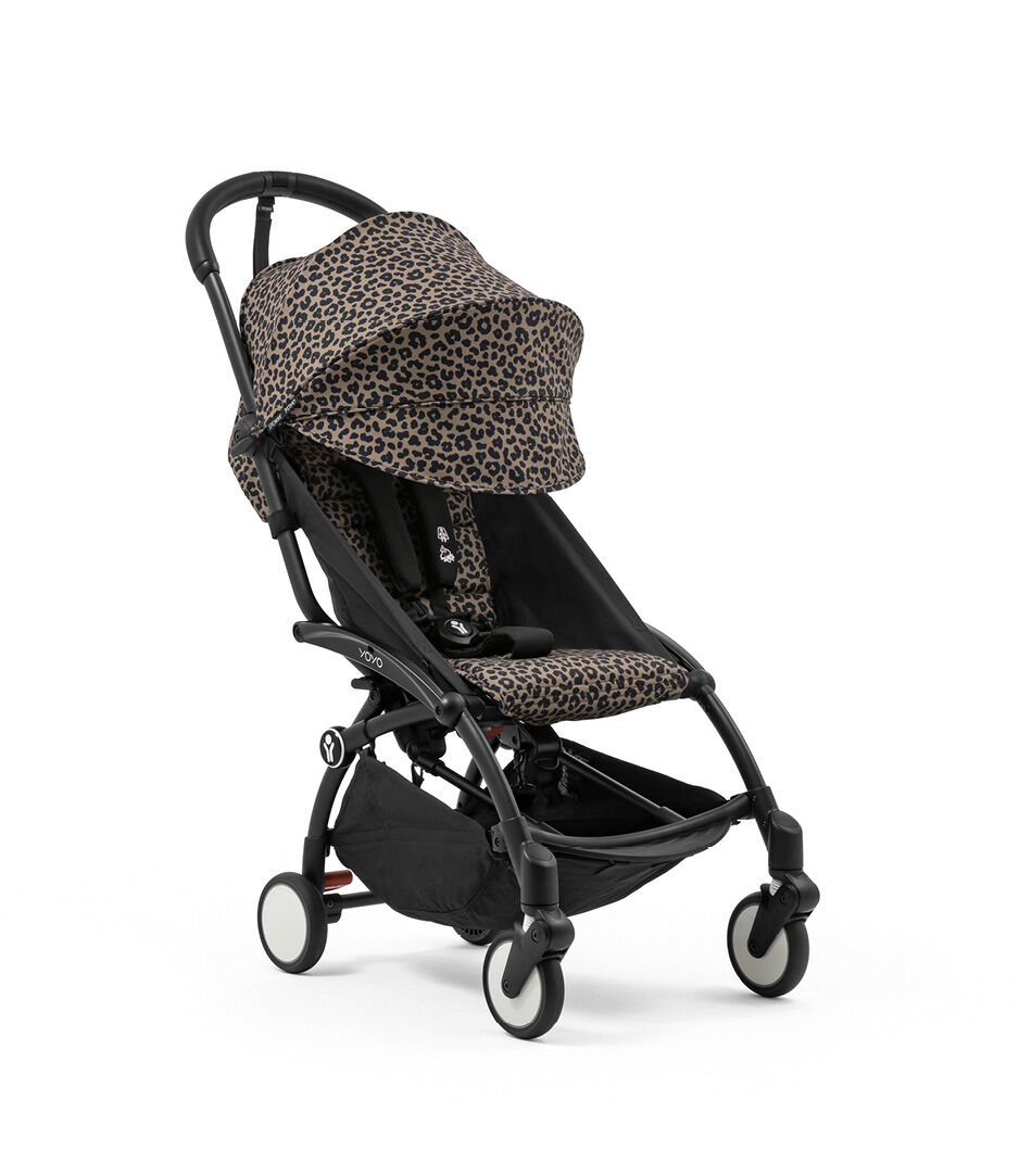Stokke® YOYO® 6+ Leopard. Black frame. Extended Canopy. Angled view. galery image 7