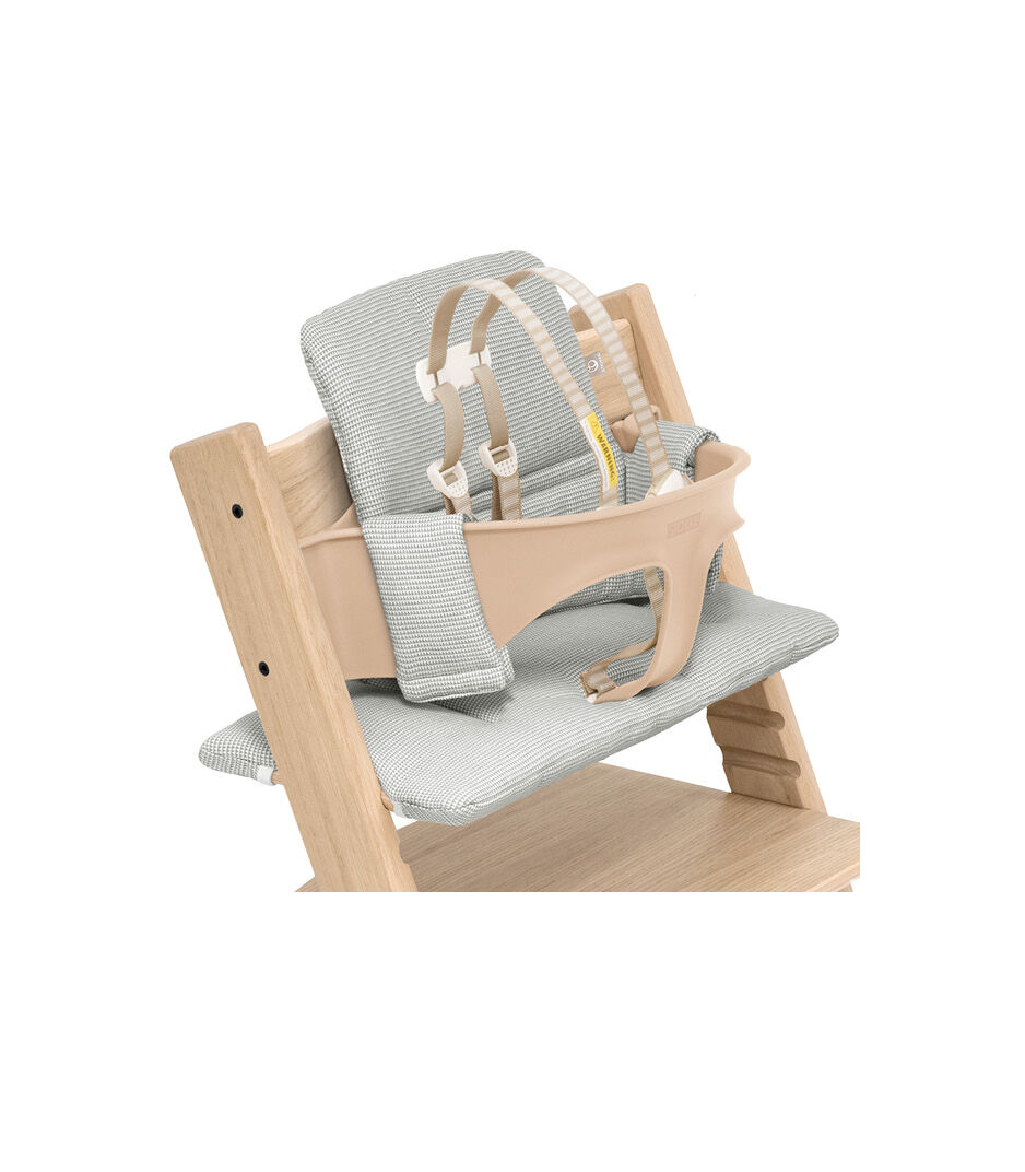 Tripp Trapp® chair Oak Natural, with Baby Set and Classic Cushion Nordic Grey. US.
