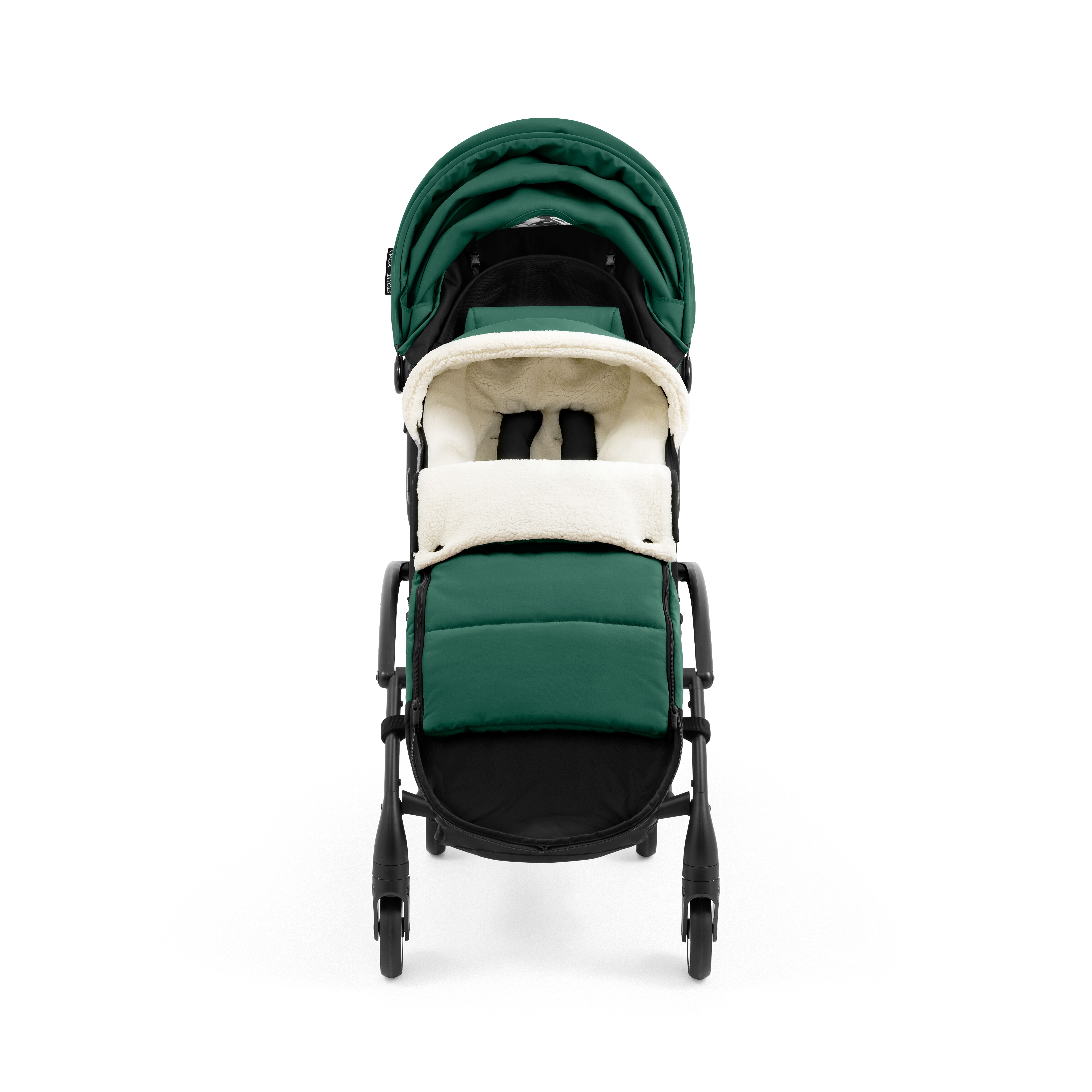 YOYO5 Stroller Forest. Footmuff bottom open. Front view.