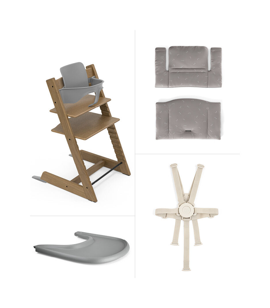 Tripp Trapp® High Chair² Oak Brown, Icon Grey Cushion and Stokke® Tray
, Oak Brown, Icon Grey Cushion + Tray, mainview