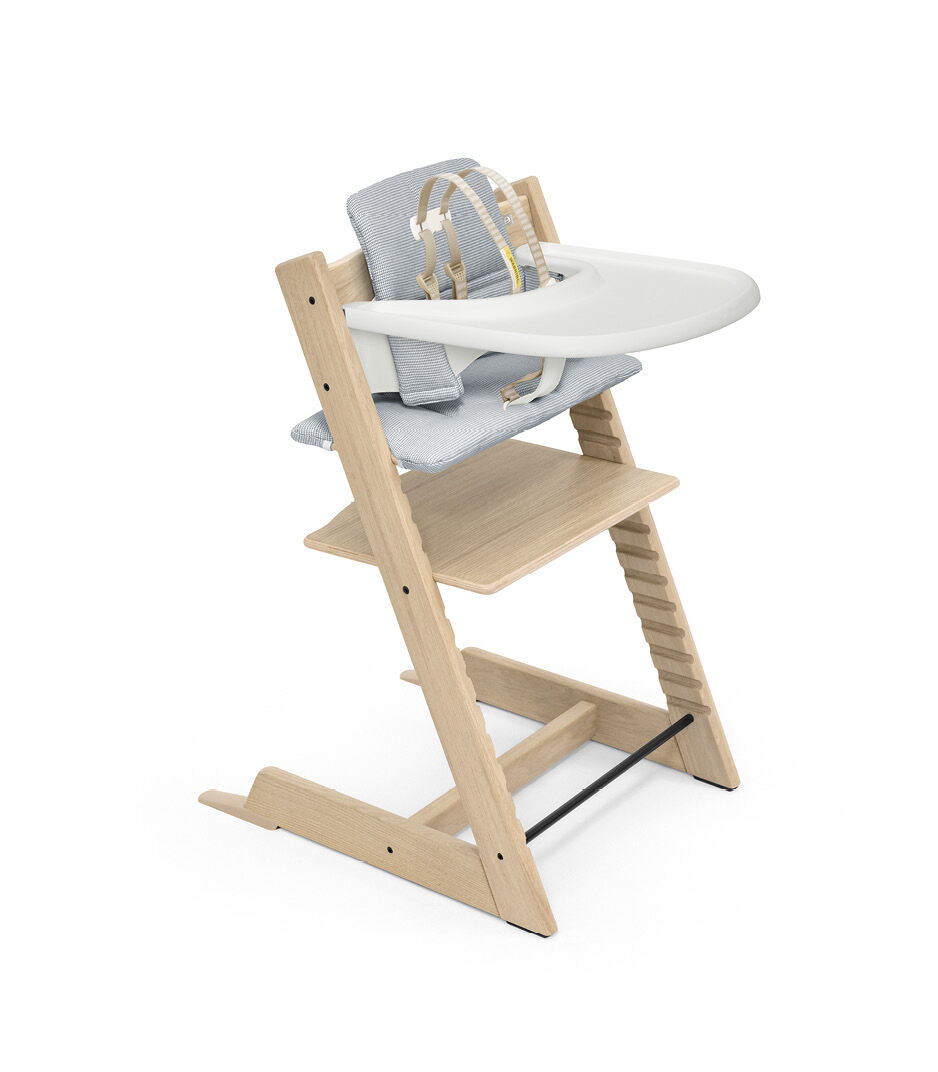 Tripp Trapp® Bundle. Chair Oak Natural, Baby Set with Tray and Classic Cushion Nordic Blue. US version. Bundle.