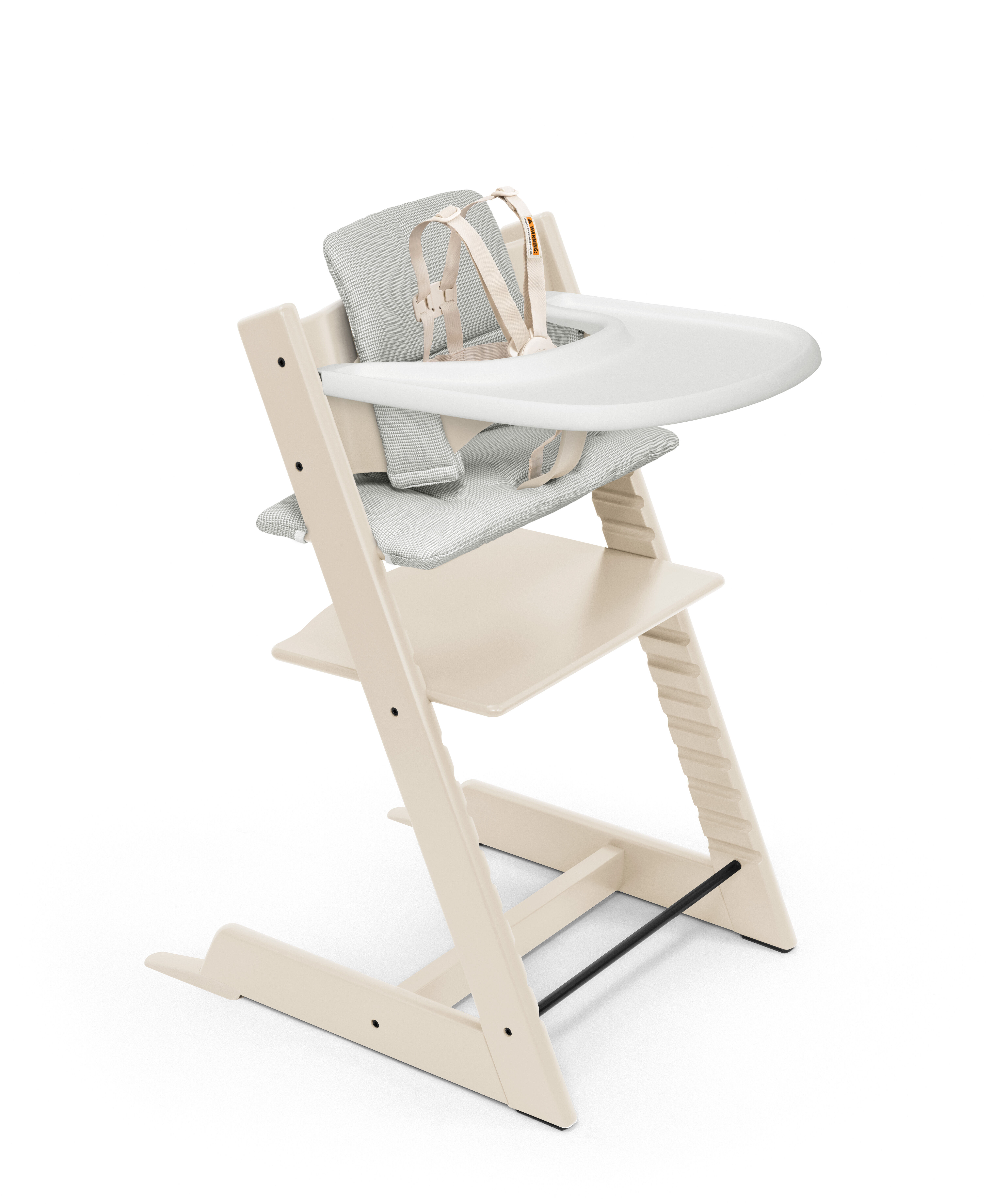 Tripp Trapp® Bundle. Chair Vanilla White, Baby Set with Tray and Classic Cushion Nordic Grey. US version.
